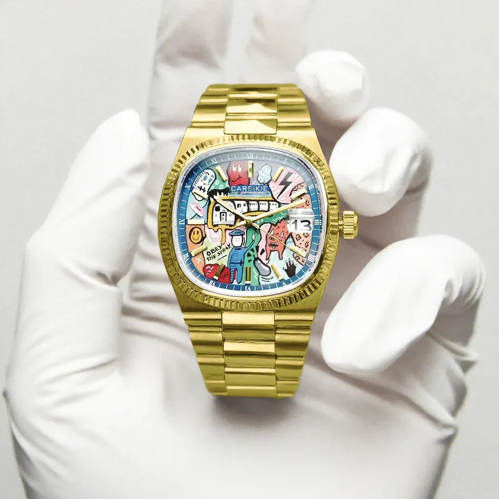 2026 New Square Men's Watch | Abstract Art Dial Luxury Iced Out Watch | Trendy Retro Niche Design | Silver Black Gold Street Style | Caratix - CaratixJewelry